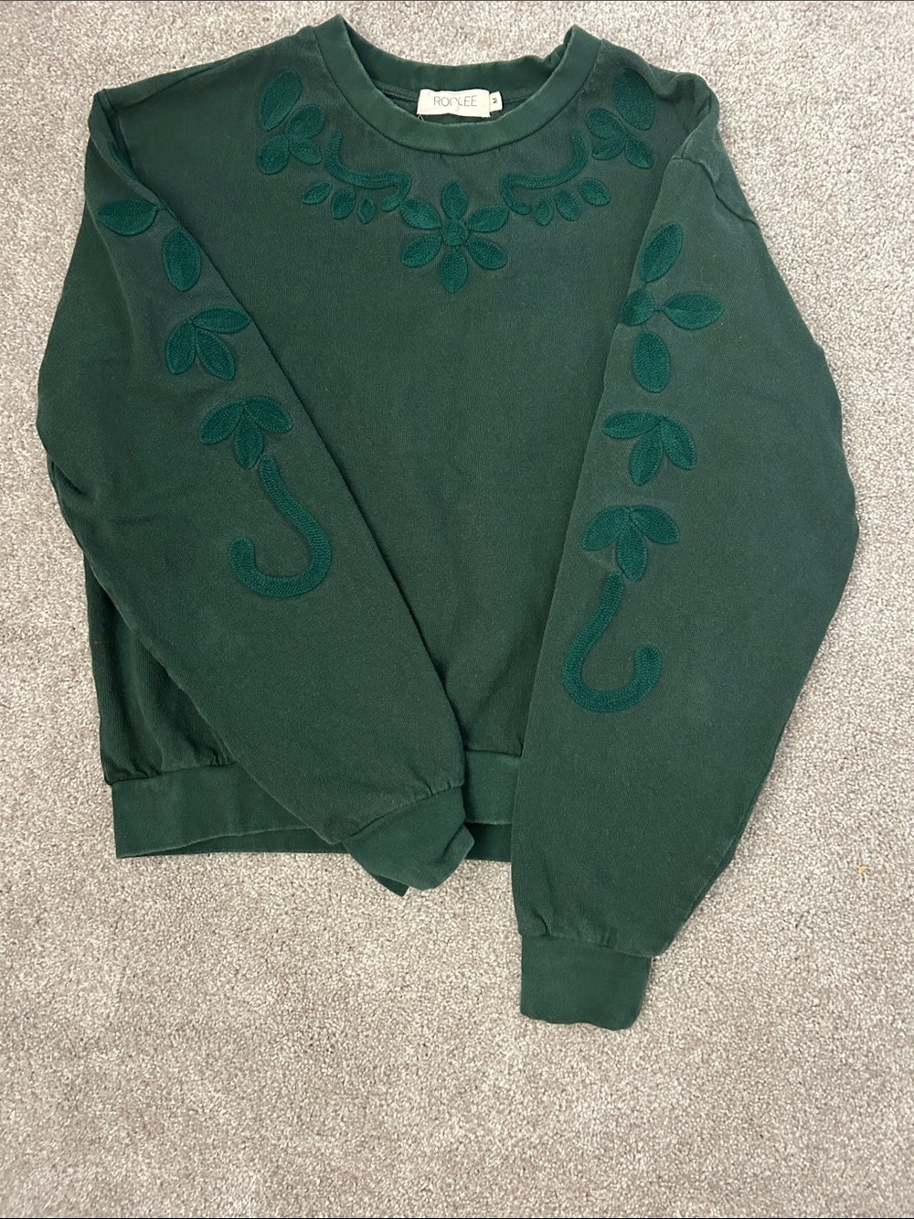 Roolee Forest Green Crewneck Sweater with Embroidered Leaves